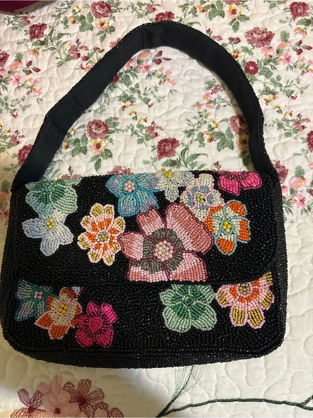 Hand-Beaded Black Floral Evening Shoulder Bag